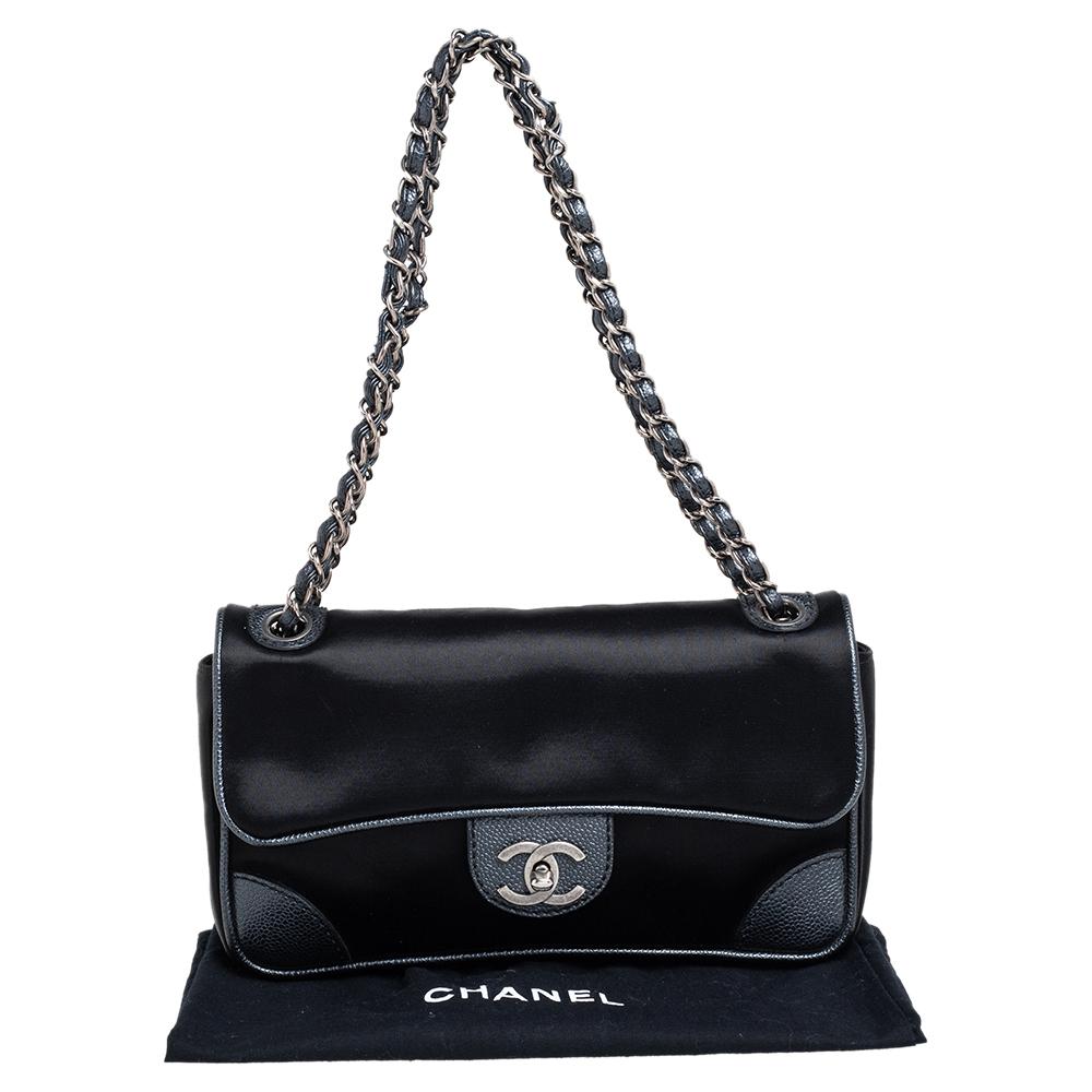 Chanel Black Satin and Caviar Leather East West Flap Bag 8