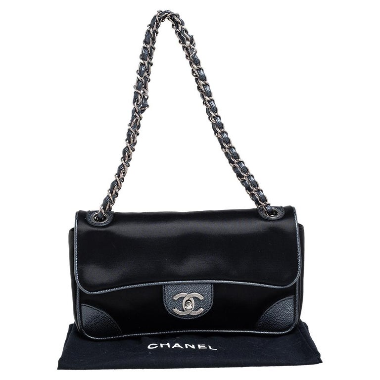 Chanel Black Satin and Caviar Leather East West Flap Bag at 1stDibs