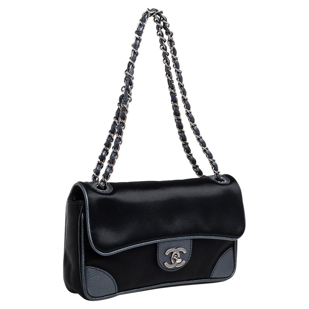 Women's Chanel Black Satin and Caviar Leather East West Flap Bag