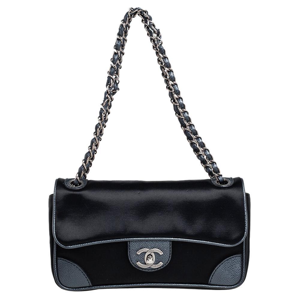 Chanel Black Satin and Caviar Leather East West Flap Bag