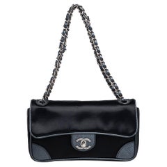 Chanel Black Satin and Caviar Leather East West Flap Bag