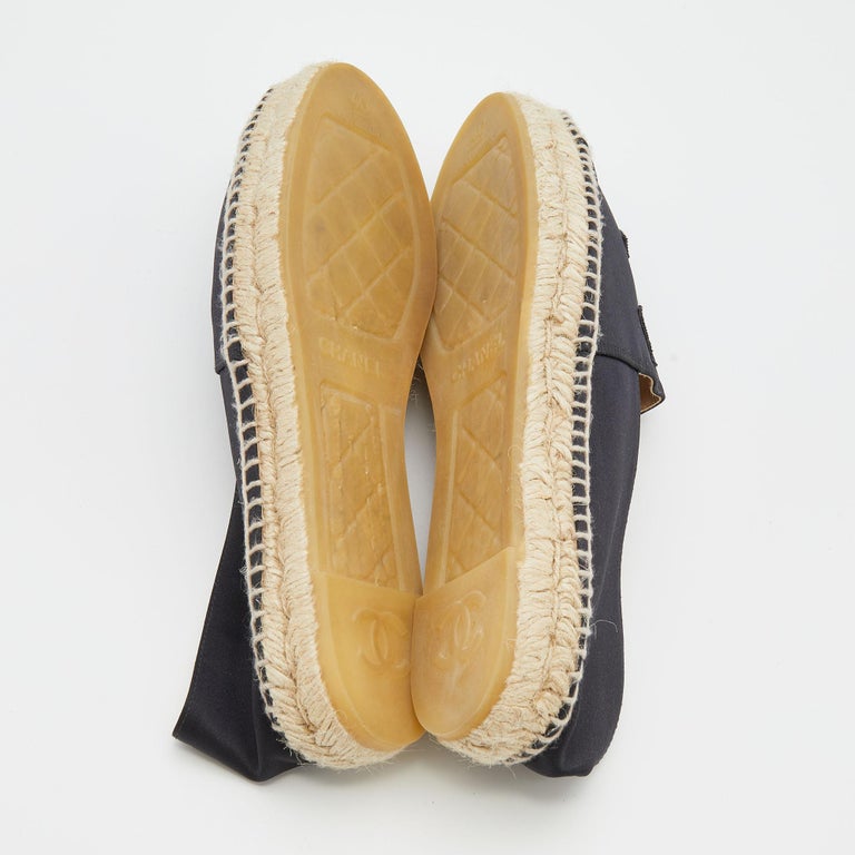 Chanel Black Satin And Fabric CC Cap Toe Espadrille Flats Size 40 For