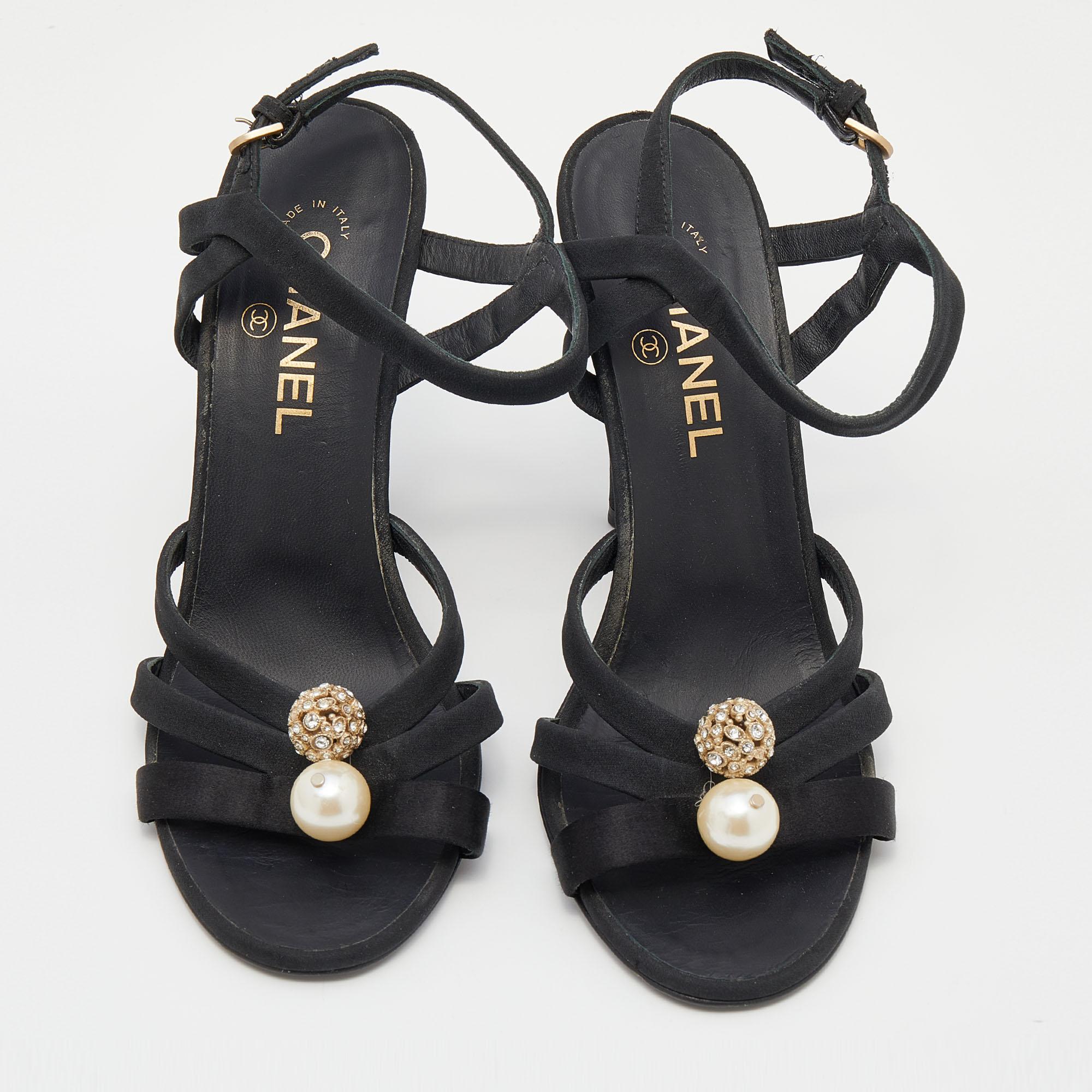 Women's Chanel Black Satin And Fabric Embellished Strappy Sandals Size 39.5