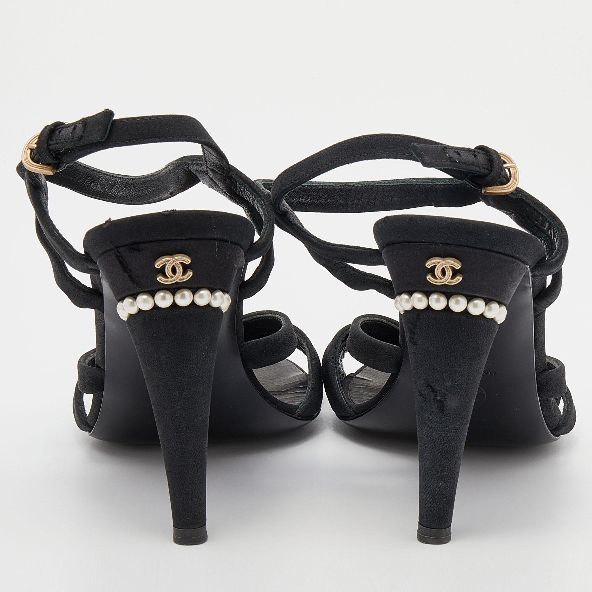 Chanel Black Satin And Fabric Embellished Strappy Sandals Size 39.5 2