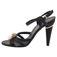 Chanel Black Satin And Fabric Embellished Strappy Sandals Size 39.5