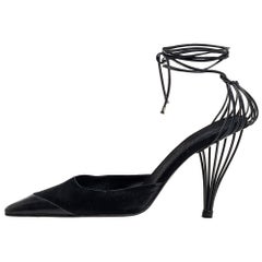 Chanel Black Satin And Leather Cap Toe Ankle Strap Pumps Size 38.5