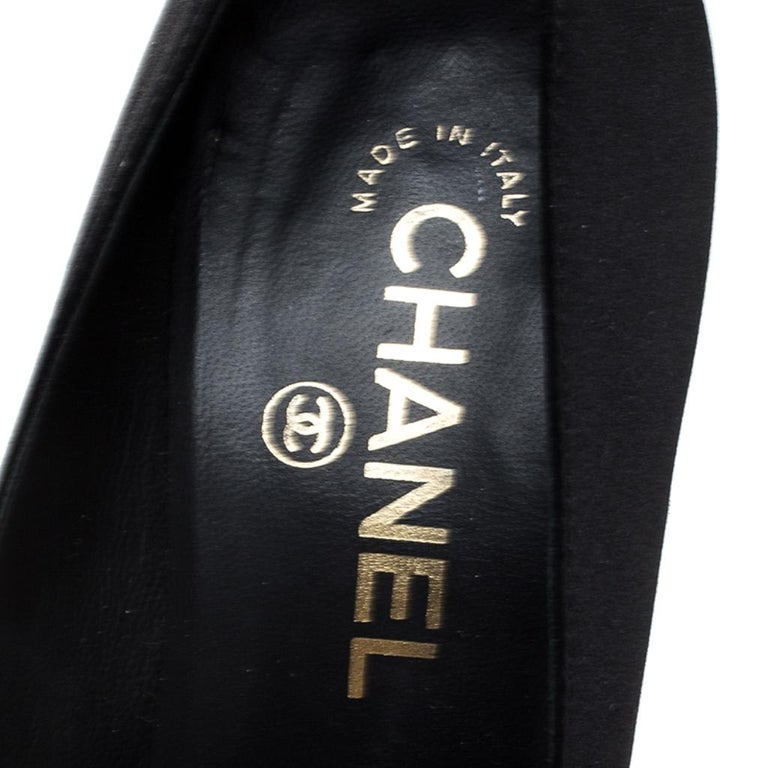 Chanel Black Satin and Patent Leather Cap Toe Pearl Platform Pumps Size ...