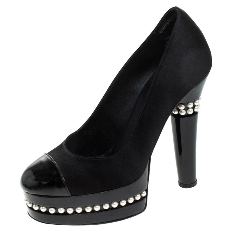 Chanel Black Satin and Patent Leather Cap Toe Pearl Platform Pumps Size ...