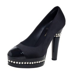 Chanel Black Satin And Patent Leather Cap Toe Pearl Platform Pumps Size 37.5