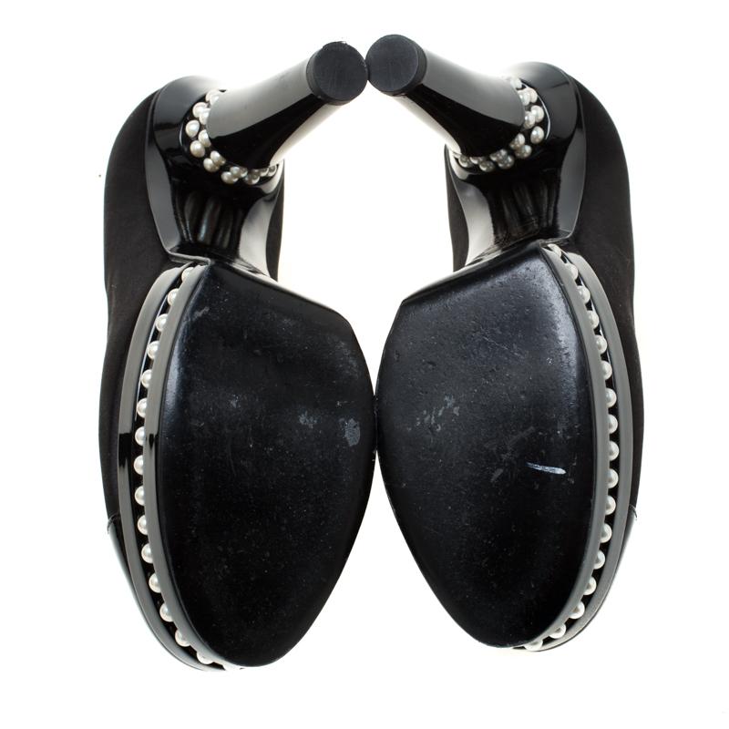 Women's Chanel Black Satin and Patent Leather Cap Toe Pearl Platform Pumps Size 38.5