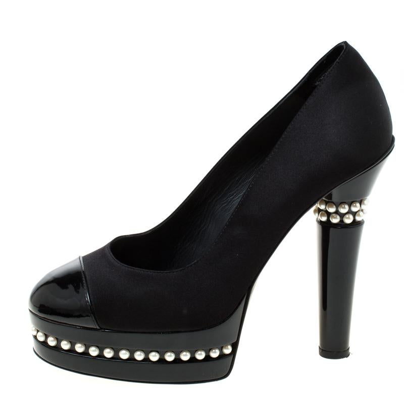 Chanel Black Satin and Patent Leather Cap Toe Pearl Platform Pumps Size 38.5 1