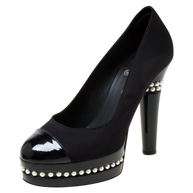 Chanel Black Satin and Patent Leather Cap Toe Pearl Platform Pumps Size 38.5