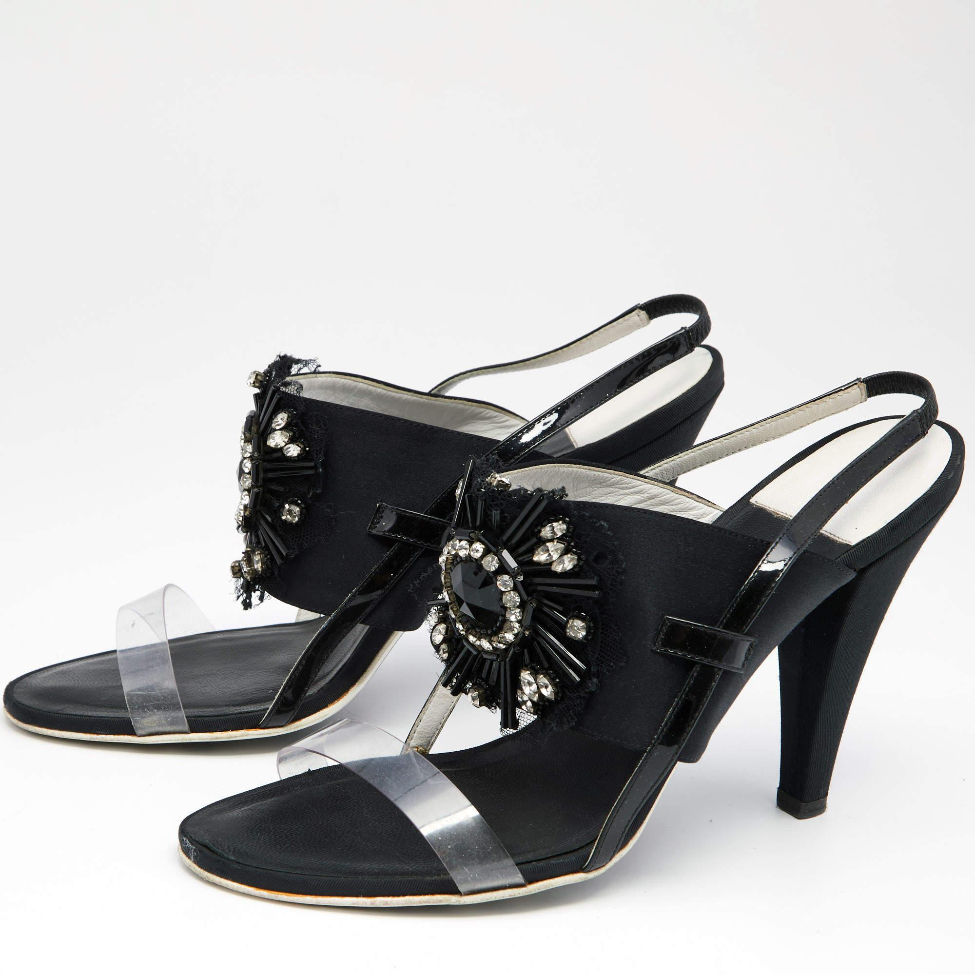Chanel Black Satin And PVC Embellished Slingback Sandals Size 40 In Good Condition For Sale In Dubai, Al Qouz 2