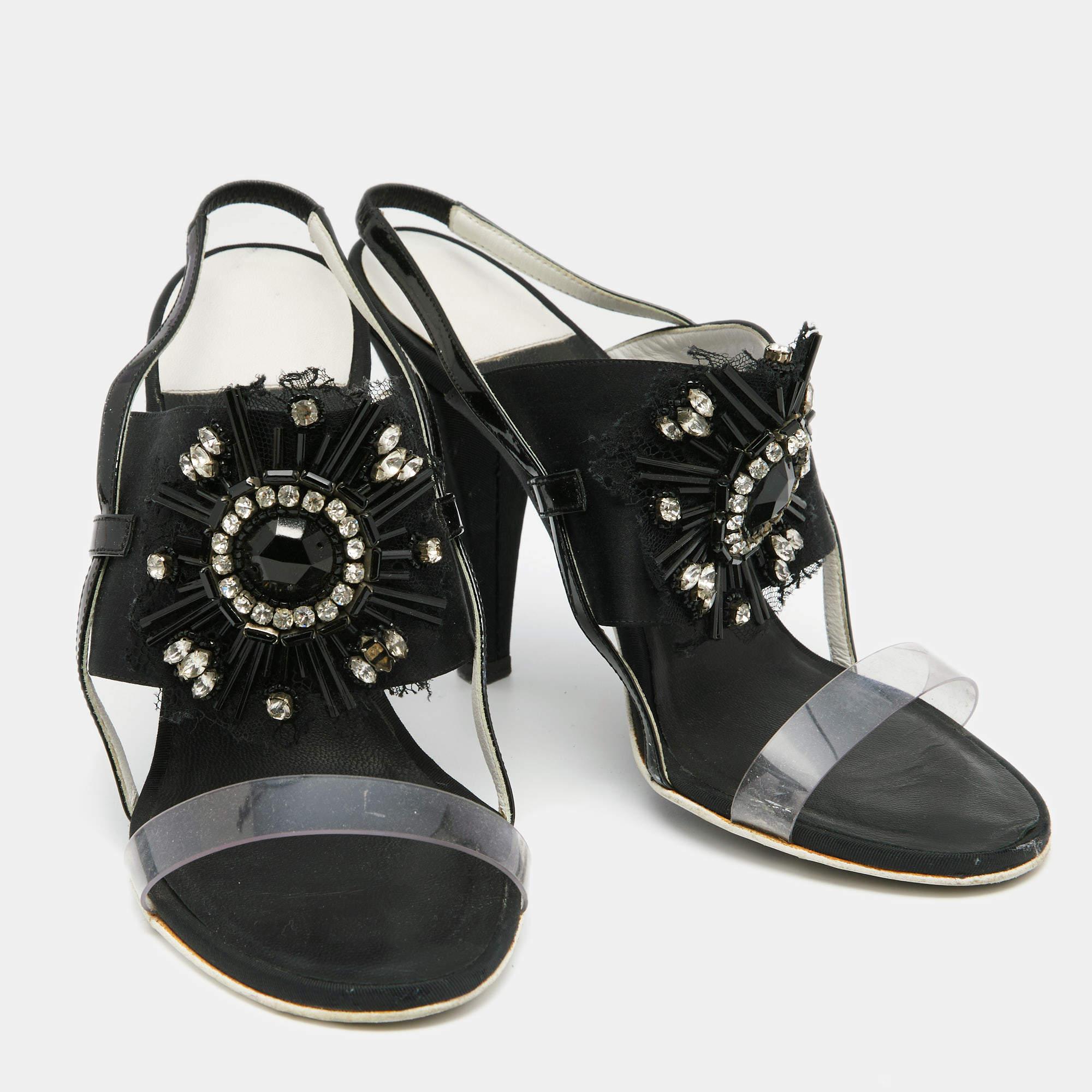 Women's Chanel Black Satin And PVC Embellished Slingback Sandals Size 40 For Sale