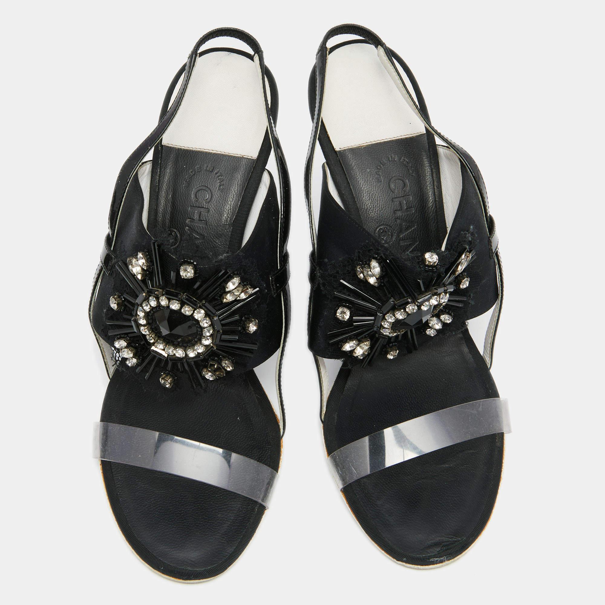 Chanel Black Satin And PVC Embellished Slingback Sandals Size 40 For Sale 2