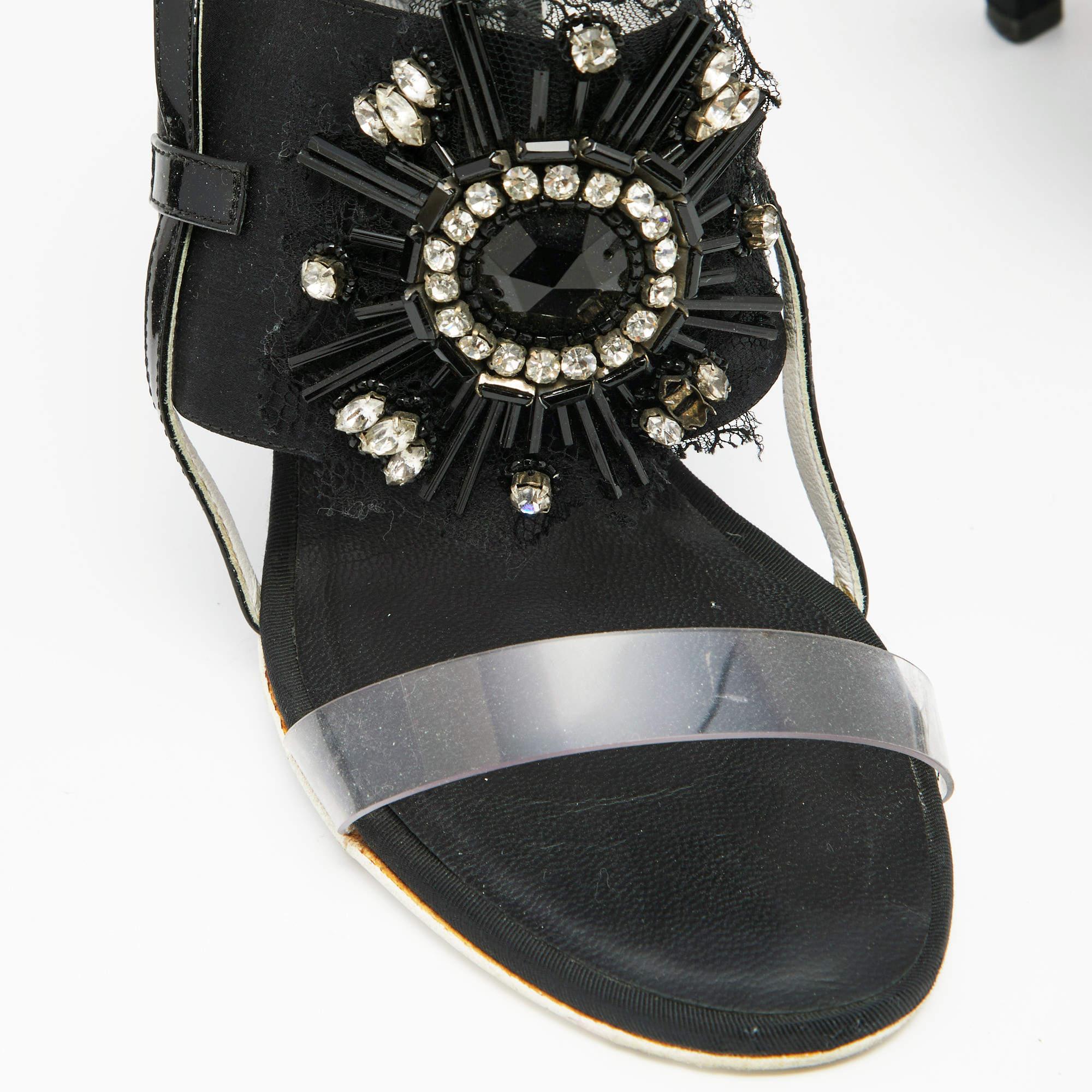 Chanel Black Satin And PVC Embellished Slingback Sandals Size 40 For Sale 4