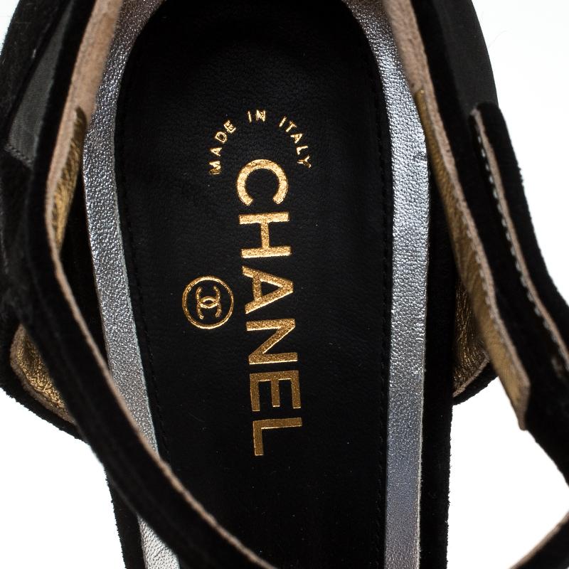 Chanel Black Satin And Suede Leather CC Cap Toe Ankle Strap Sandals Size 38.5 4