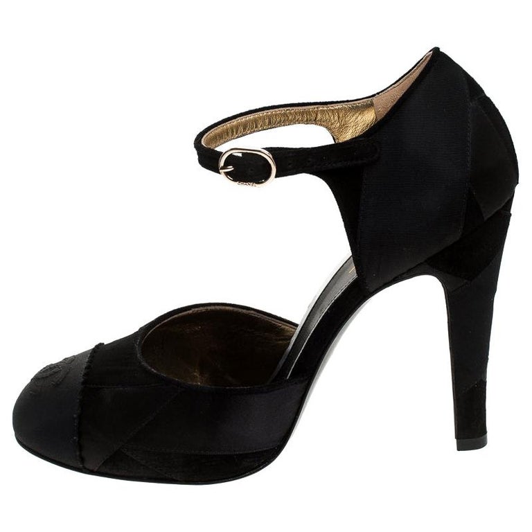 Chanel Black Satin And Suede Leather CC Cap Toe Ankle Strap Sandals ...
