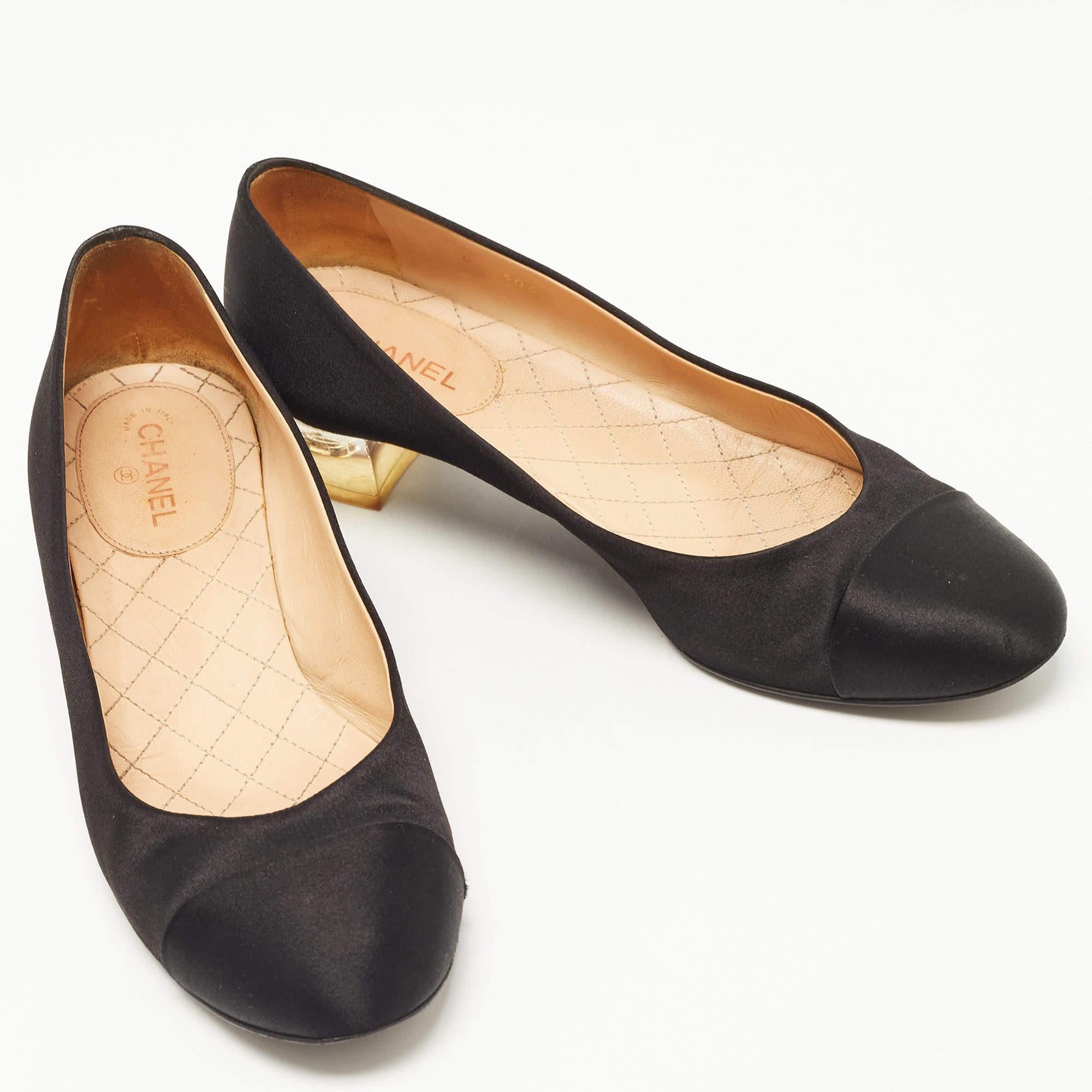 Women's Chanel Black Satin Block Heel Pumps Size 37.5