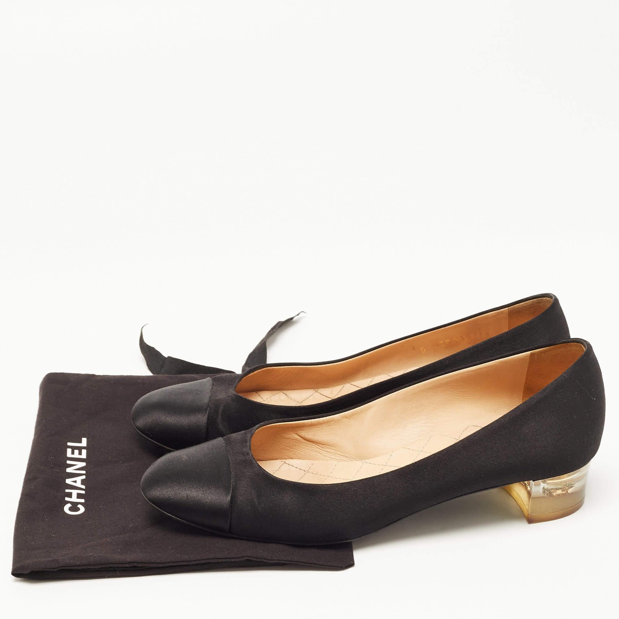 Chanel Black Satin Block Heel Pumps Size 37.5 4
