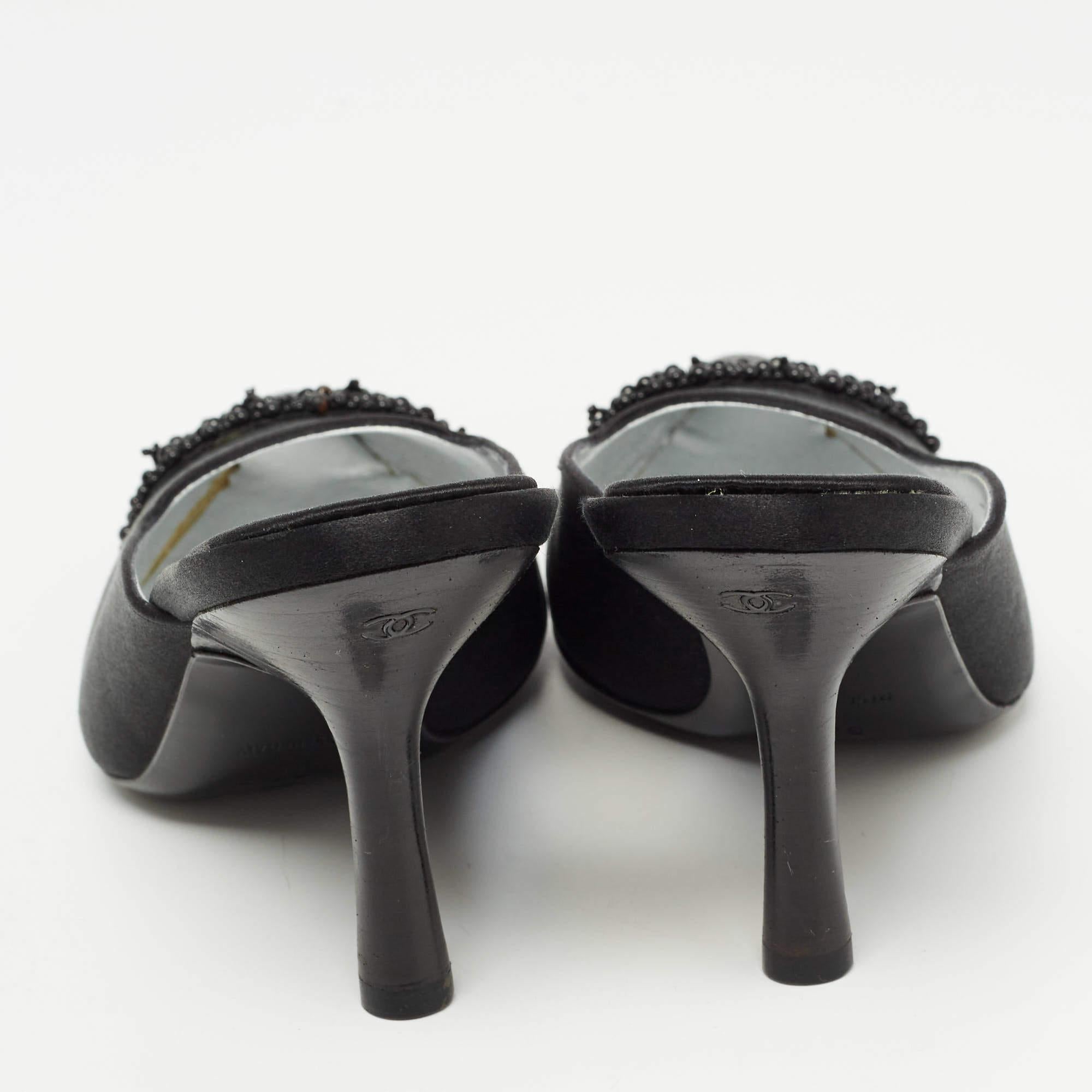 Women's Chanel Black Satin Cap Toe Mules Size 37 For Sale