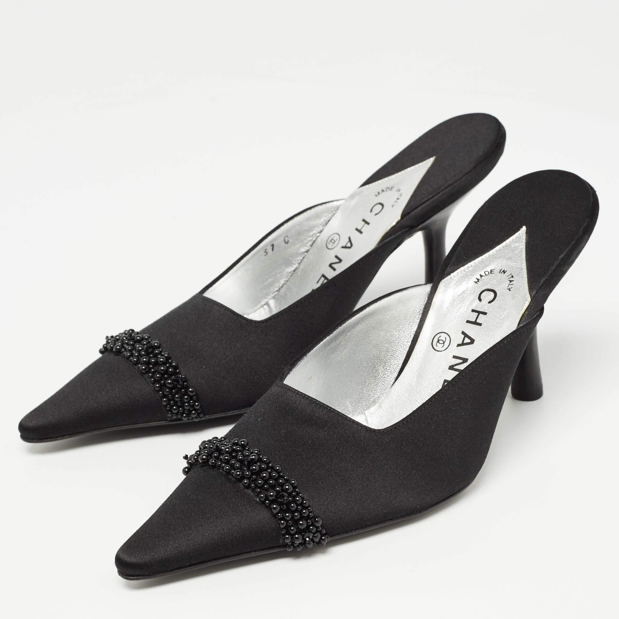Chanel Black Satin Cap Toe Mules Size 37 For Sale 2