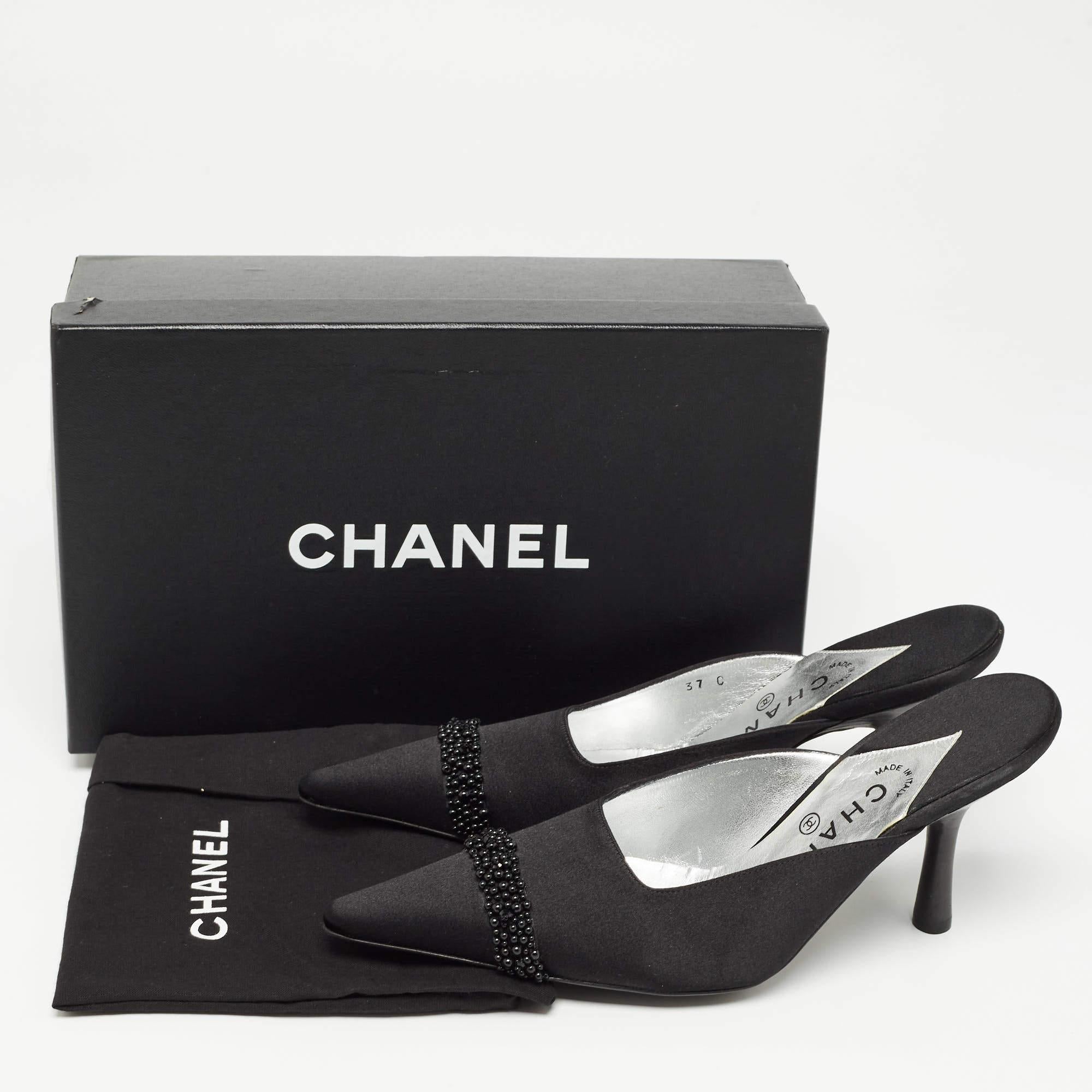 Chanel Black Satin Cap Toe Mules Size 37 For Sale 3