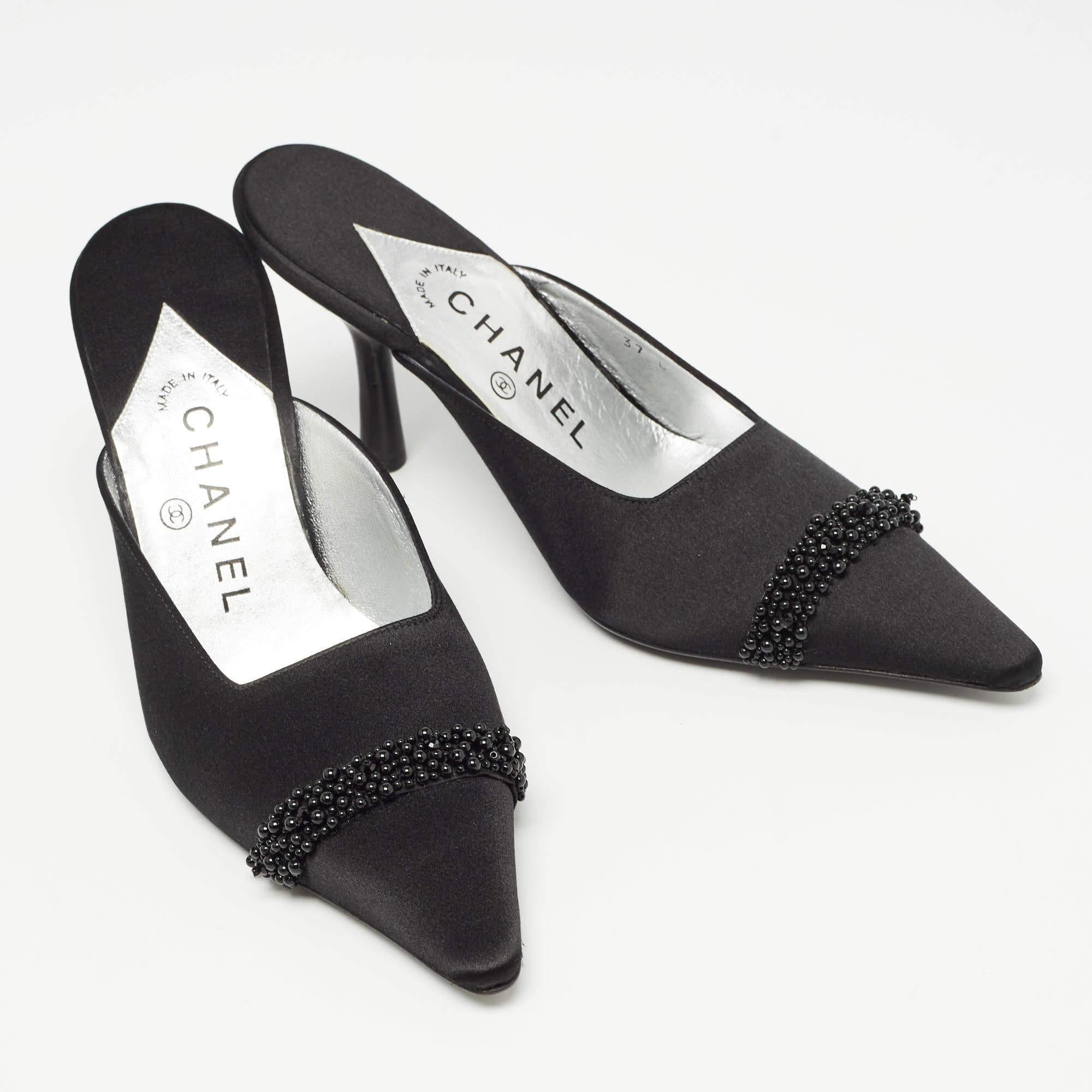 Chanel Black Satin Cap Toe Mules Size 37 For Sale 4
