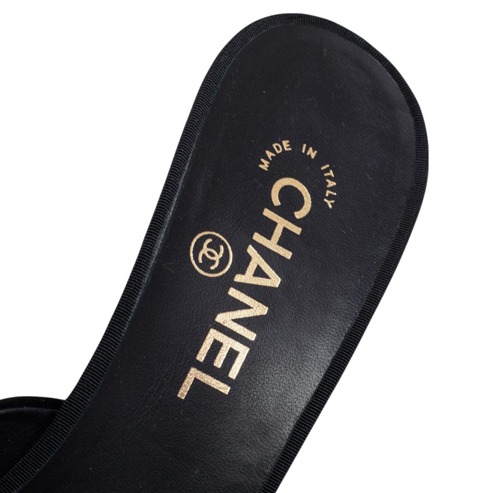 Women's Chanel Black Satin CC Faux Pearl Embellished Heel Mules Size 39.5