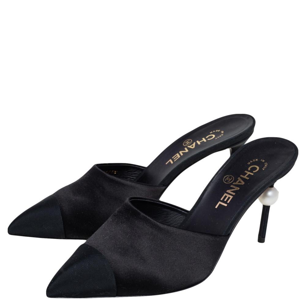Chanel Black Satin CC Faux Pearl Embellished Heel Mules Size 39.5 1