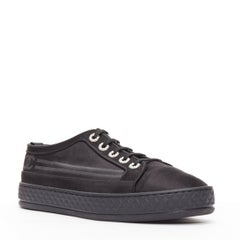 CHANEL black satin CC logo silver pearl grommet laced low top sneaker EU38