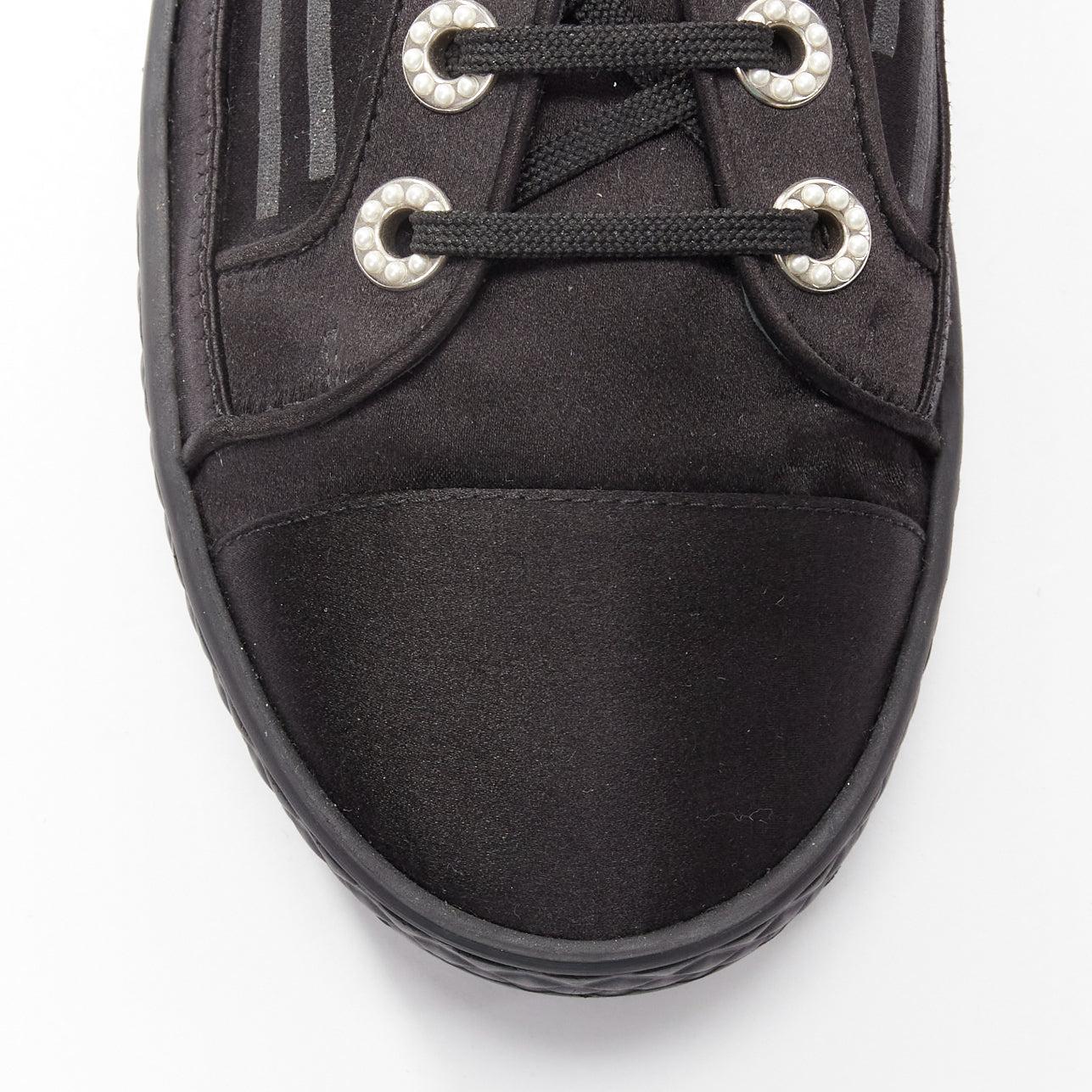 CHANEL black satin CC logo silver pearl grommet laced low top sneaker EU38 For Sale 2