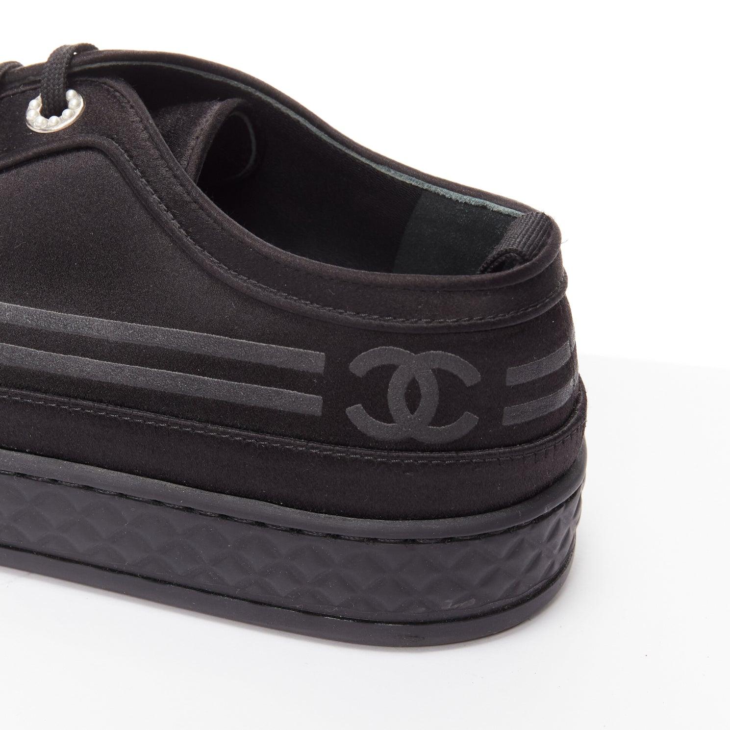 CHANEL black satin CC logo silver pearl grommet laced low top sneaker EU38 For Sale 4