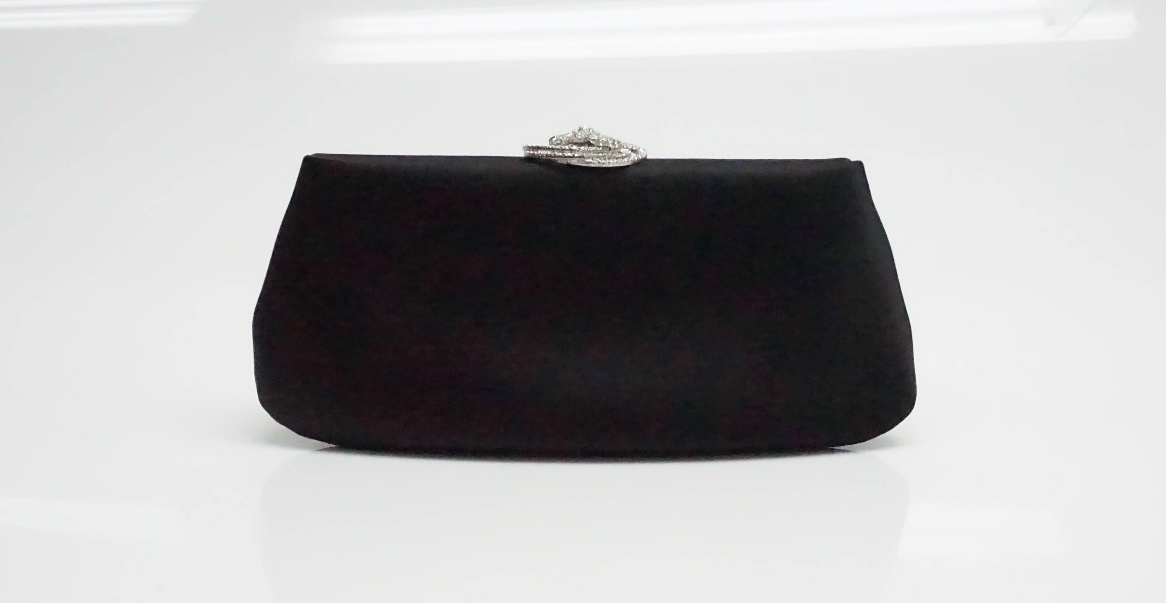 Chanel Black Satin Clutch with Rhinestone Camelia Clasp, 2011 In Excellent Condition In West Palm Beach, FL