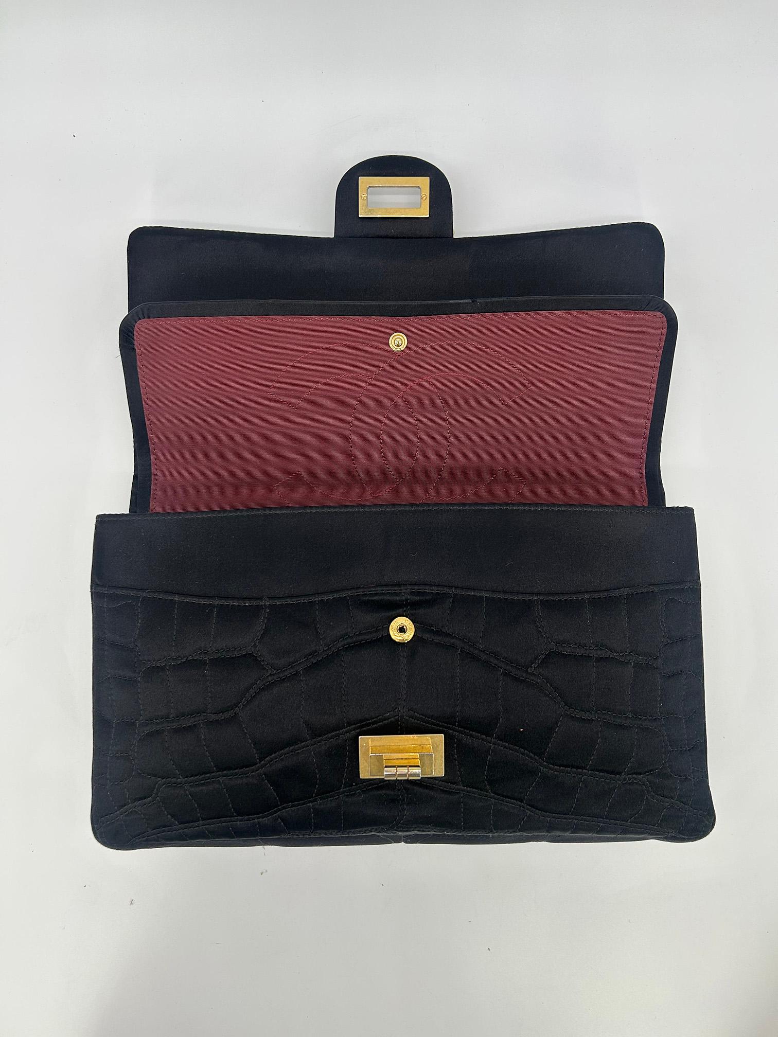 Chanel Black Satin Coco Croc Quilted 227 Reissue 2.55 Double Flap Classic For Sale 8