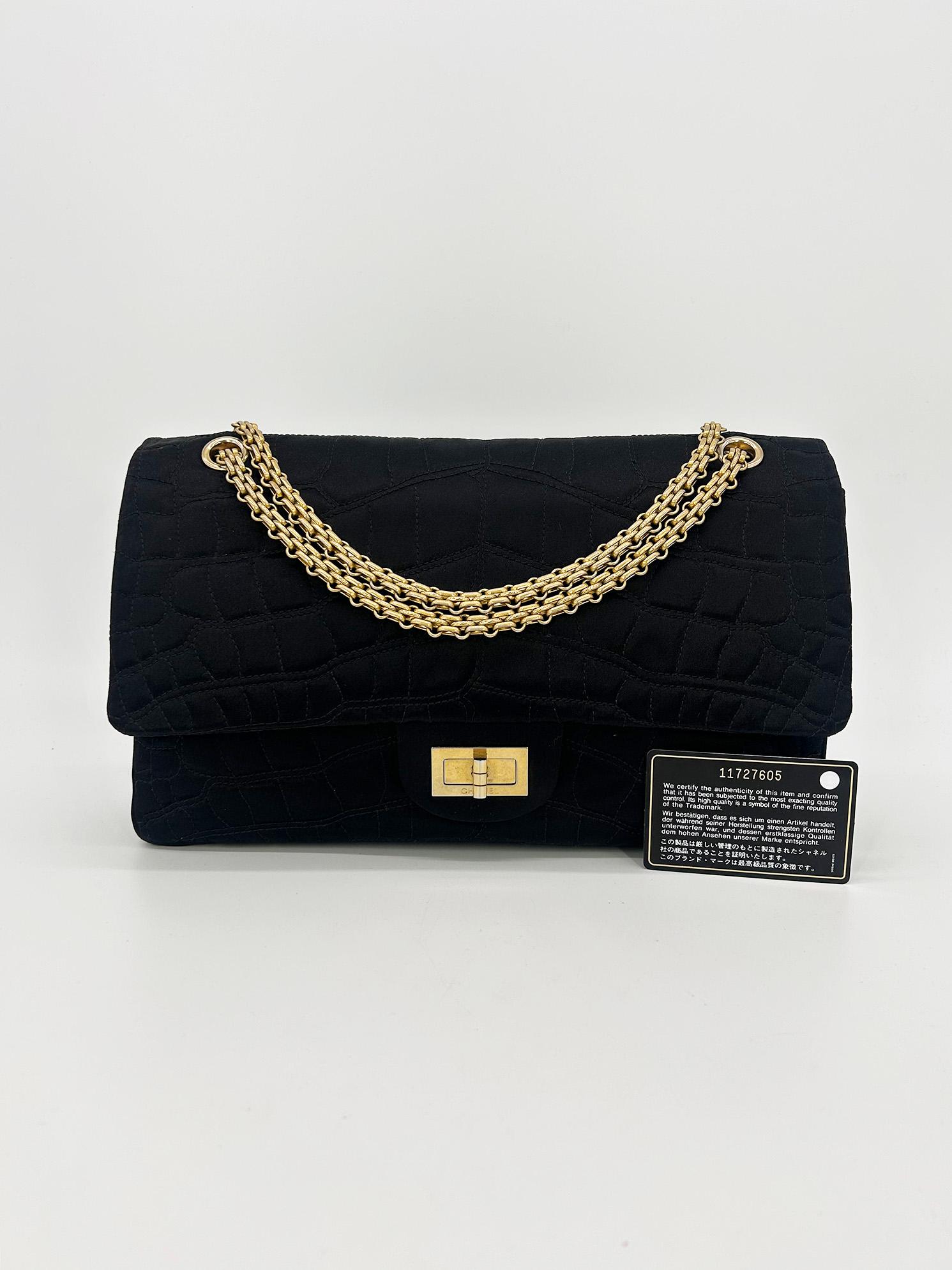 Chanel Black Satin Coco Croc Quilted 227 Reissue 2.55 Double Flap Classic For Sale 13
