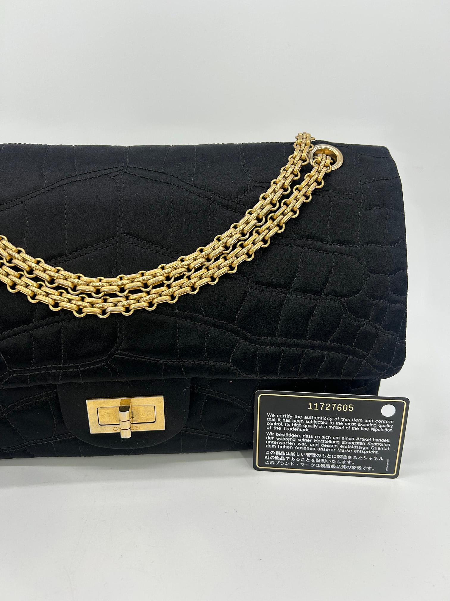 Chanel Black Satin Coco Croc Quilted 227 Reissue 2.55 Double Flap Classic For Sale 14