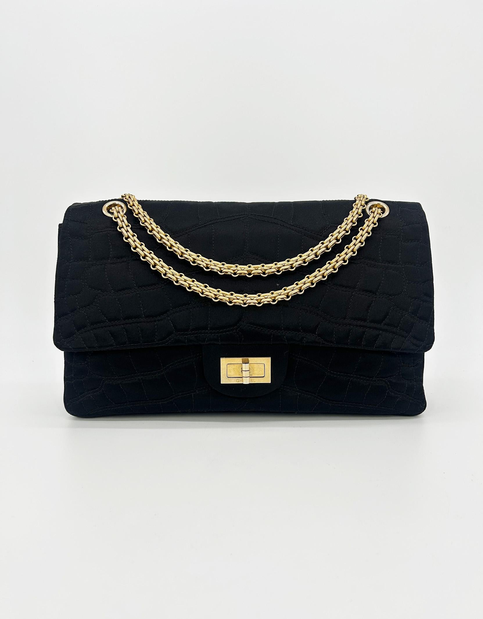 Chanel Black Satin Coco Croc Quilted 227 Reissue 2.55 Double Flap Classic in         very good condition. VERY RARE LIMITED EDITION STYLE. Slight tarnish on mademoiselle twist closure and one small spot of worn silk on interior flap edge. See photos