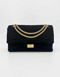 Chanel Black Satin Coco Croc Quilted 227 Reissue 2.55 Double Flap Classic