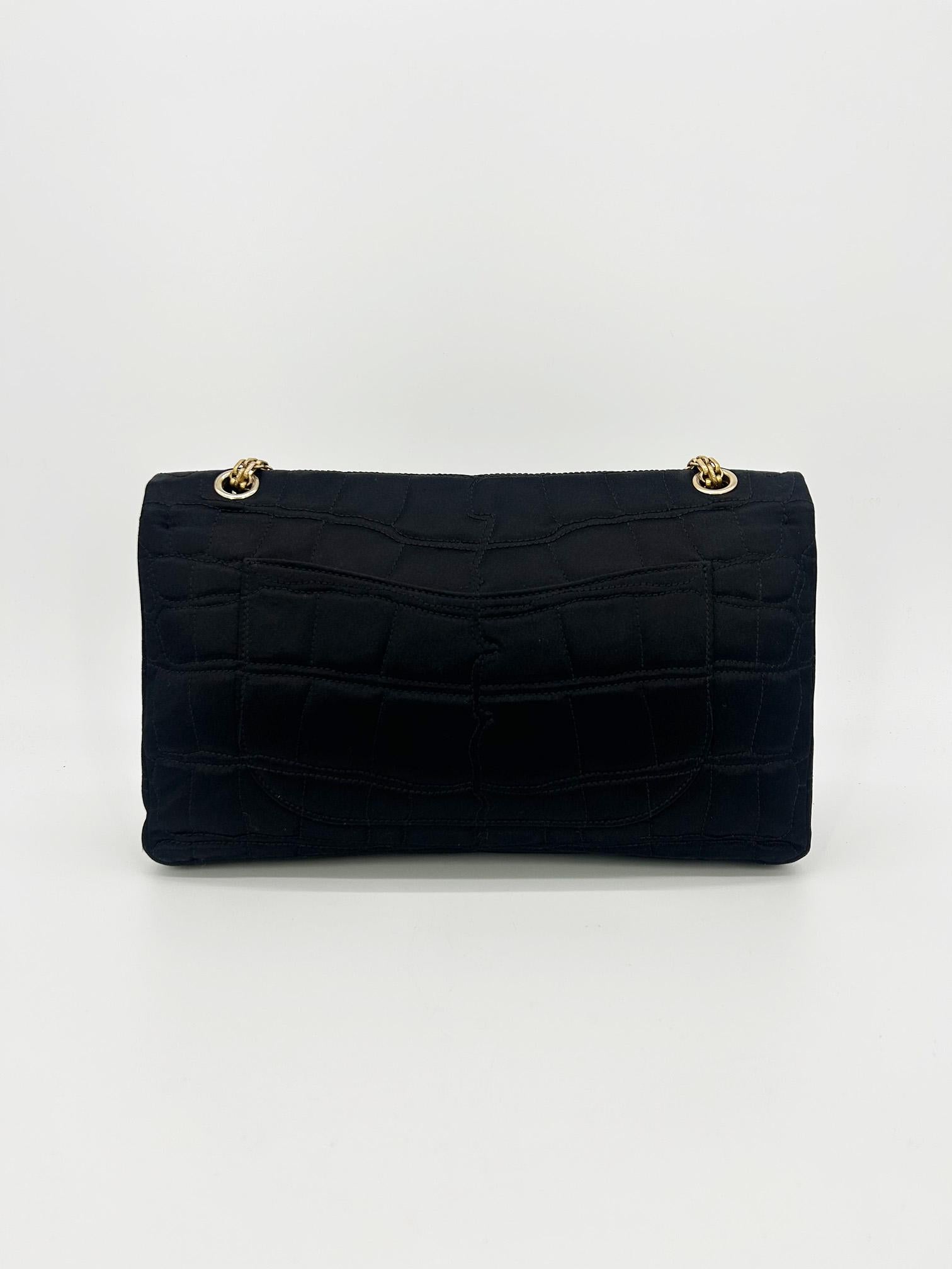 Women's Chanel Black Satin Coco Croc Quilted 227 Reissue 2.55 Double Flap Classic For Sale