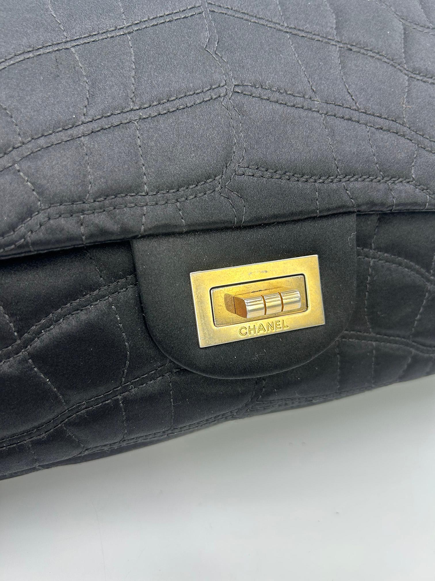 Chanel Black Satin Coco Croc Quilted 227 Reissue 2.55 Double Flap Classic For Sale 2