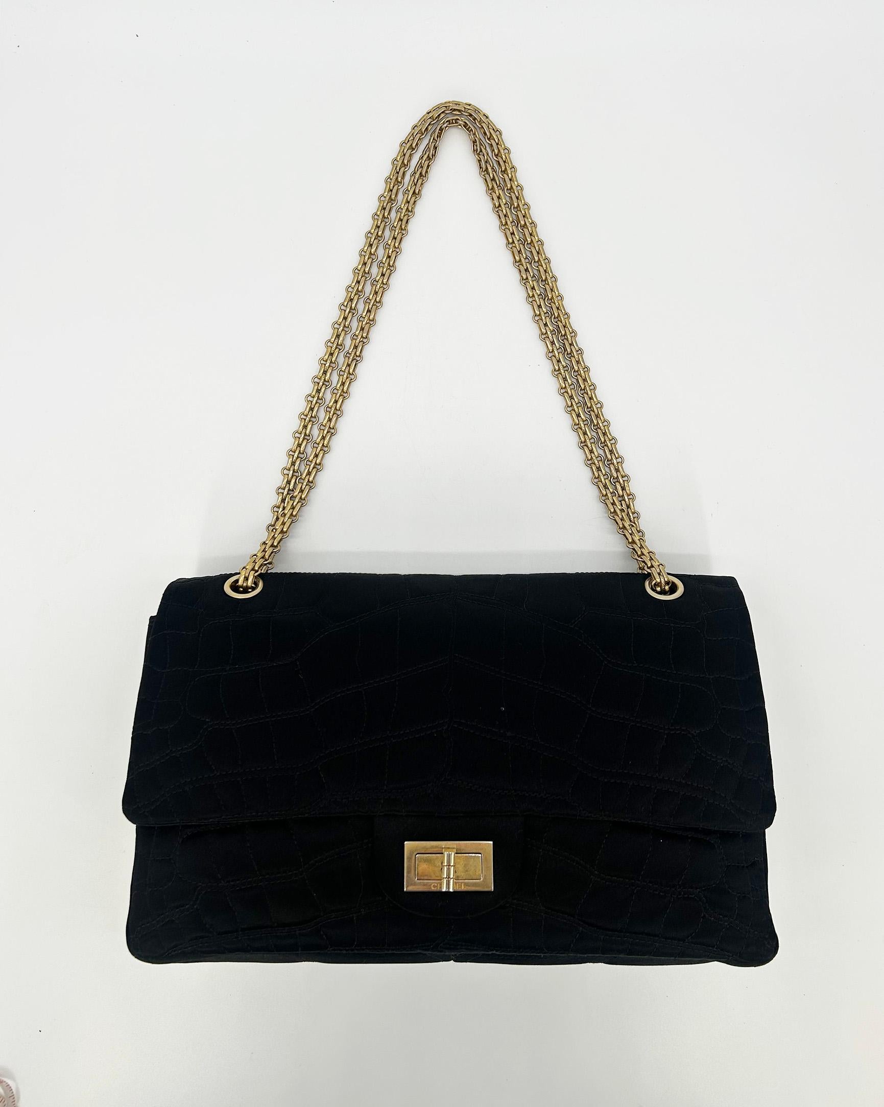 Chanel Black Satin Coco Croc Quilted 227 Reissue 2.55 Double Flap Classic For Sale 3
