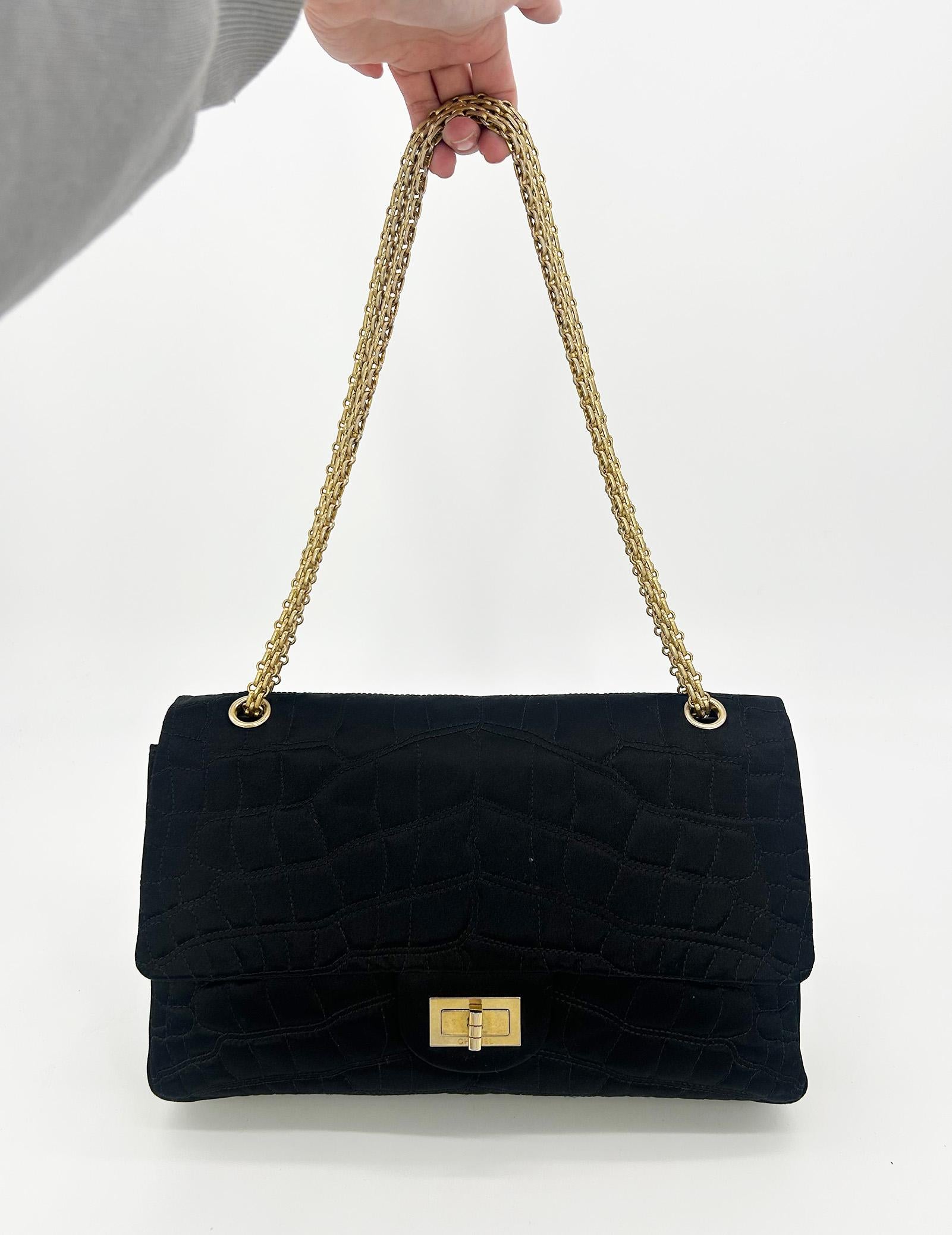 Chanel Black Satin Coco Croc Quilted 227 Reissue 2.55 Double Flap Classic For Sale 4