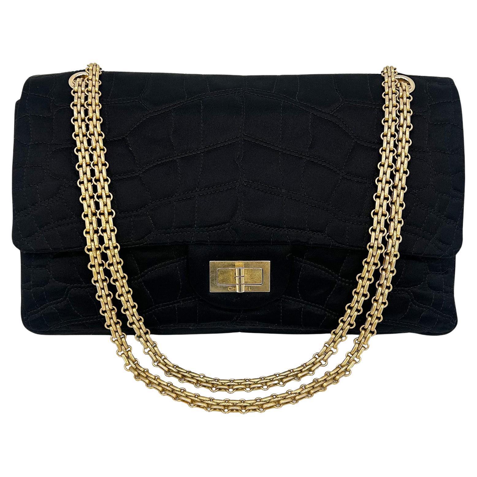 Chanel Black Satin Coco Croc Quilted 227 Reissue 2.55 Double Flap Classic