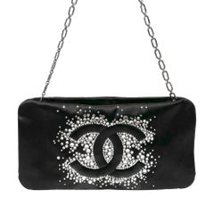 Chanel Black Satin Crystal CC Clutch Chain Evening Bag Rare Designer