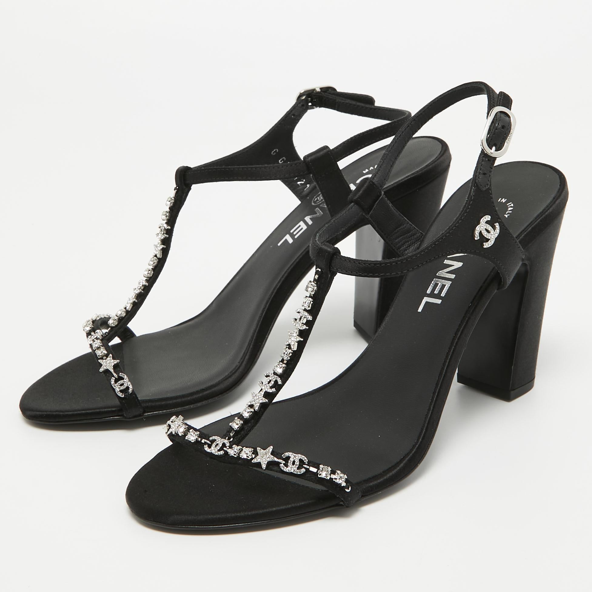 Chanel Black Satin Crystal Embellished CC Logo Sandals Size 37 In New Condition In Dubai, Al Qouz 2