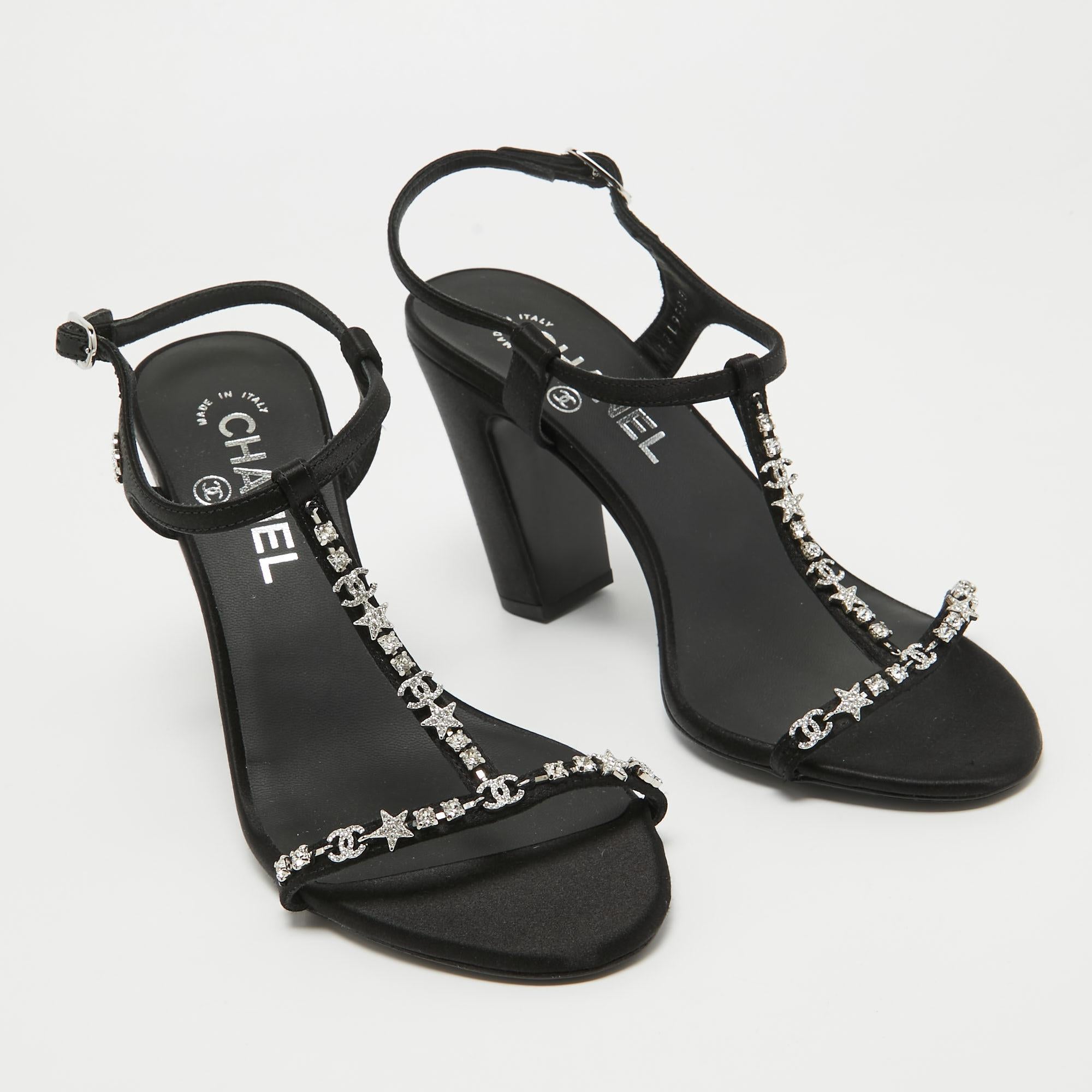 Women's Chanel Black Satin Crystal Embellished CC Logo Sandals Size 37