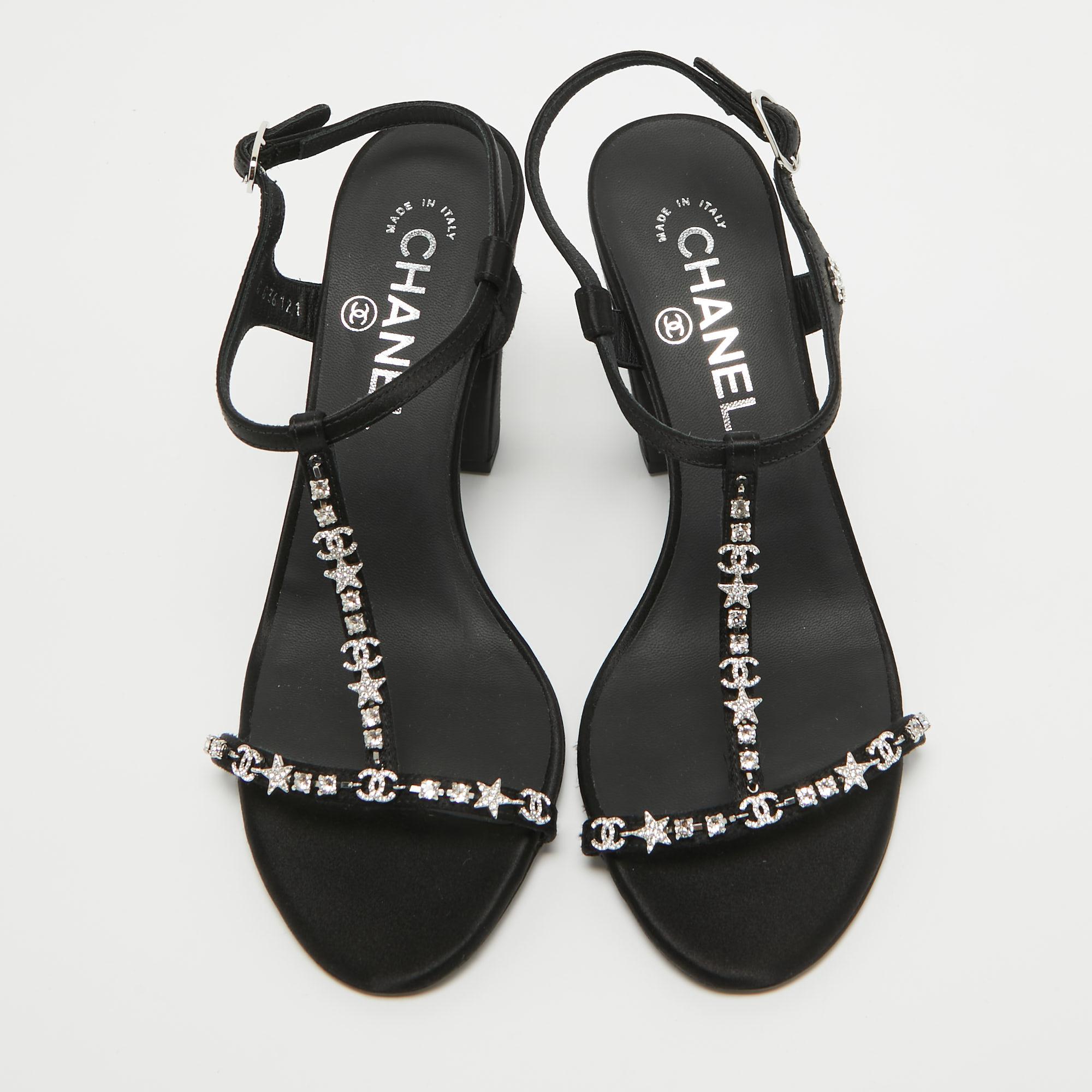 Women's Chanel Black Satin Crystal Embellished CC Logo Sandals Size 37