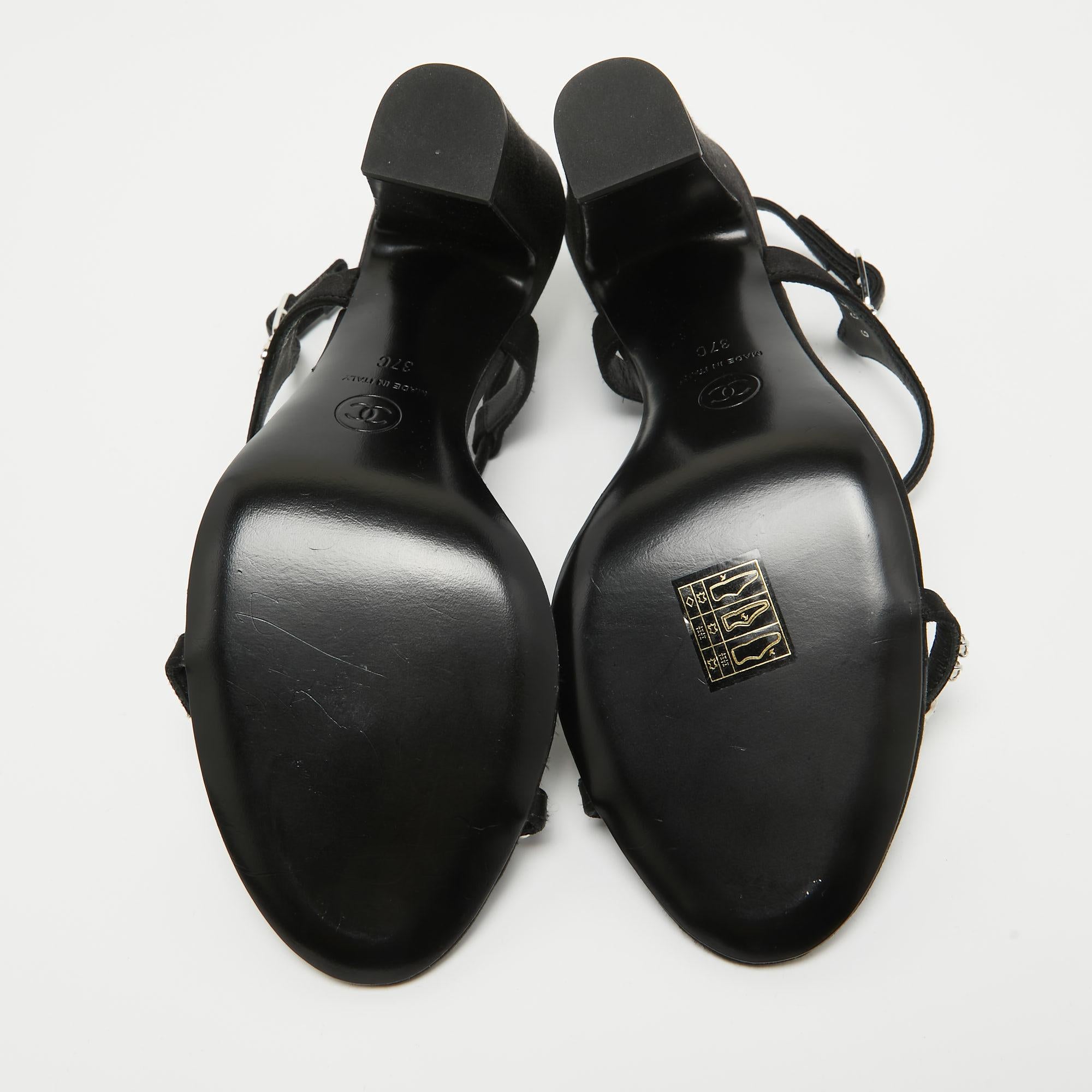 Chanel Black Satin Crystal Embellished CC Logo Sandals Size 37 3