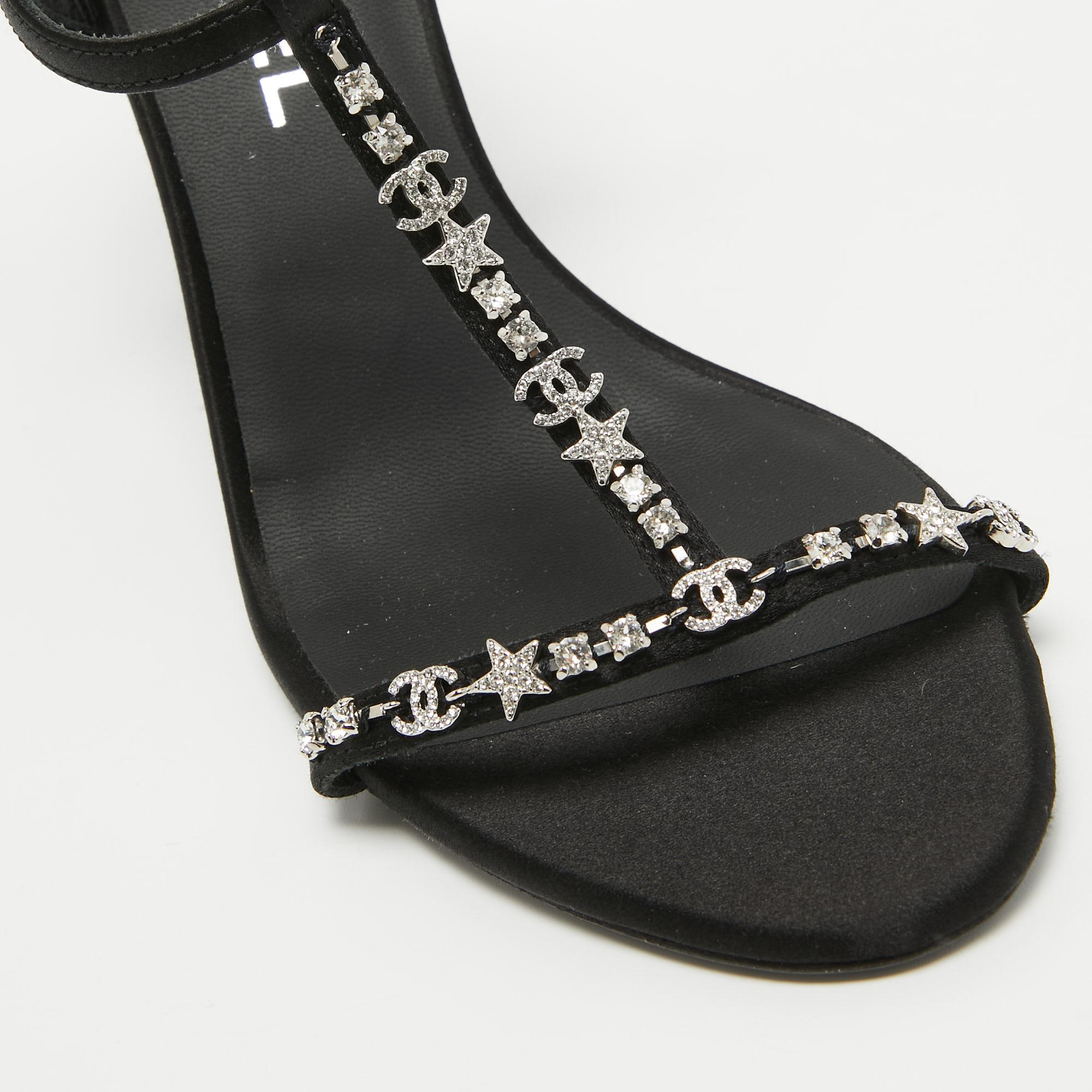 Chanel Black Satin Crystal Embellished CC Logo Sandals Size 37 4